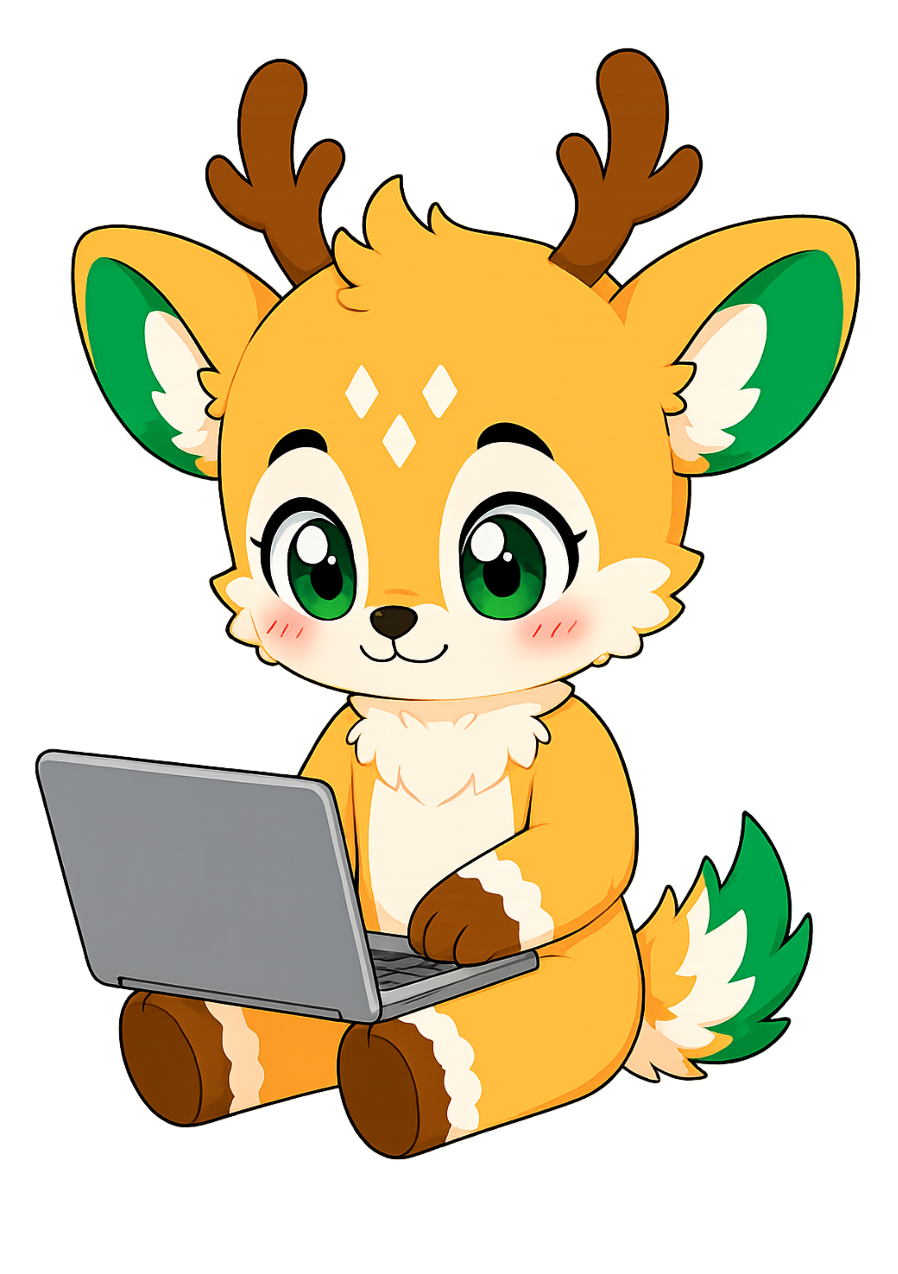 Maskot IeuLink sedang bekerja menggunakan laptop